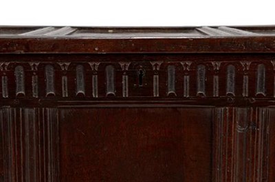 Lot 357 - A Late 17th Century Joined Oak Chest, the three panel moulded and hinged lid enclosing a candle box