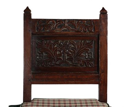 Lot 358 - A Joined Oak Back Stool, circa 1700, the scrolled top rail above a lozenge carved back panel...