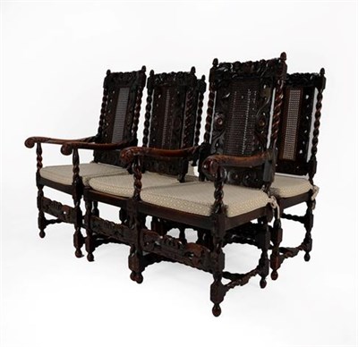 Lot 366 - A Set of Six Victorian Carved Oak and Caned Carolean Style Chairs, late 19th century, including two