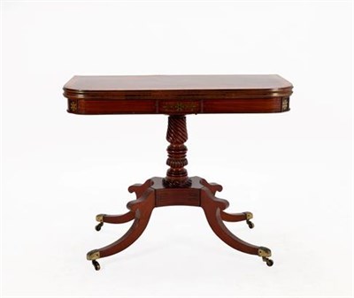 Lot 390 - A Regency Mahogany, Satinwood, Kingwood and Ebony Strung Foldover Tea Table, early 19th century, of