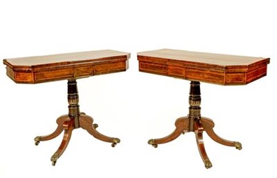 Lot 420 - A Pair of Regency Rosewood and Tulipwood Banded Foldover Card Tables, early 19th century, of...