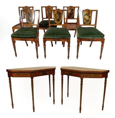 Lot 427 - A Pair of Late George III Satinwood, Tulipwood Banded and Polychrome Painted Neo-Classical Card...