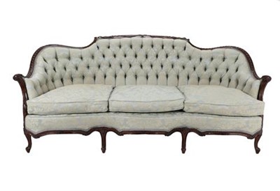 Lot 444 - A George III Style Mahogany Framed Sofa, late 19th century, recovered in green buttoned fabric,...