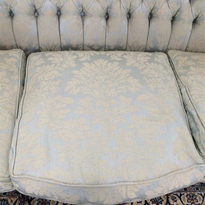 Lot 444 - A George III Style Mahogany Framed Sofa, late 19th century, recovered in green buttoned fabric,...