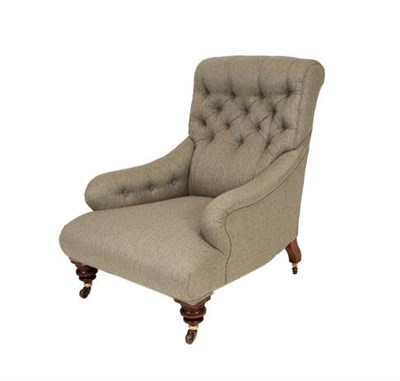 Lot 447 - A Victorian Howard Style Armchair, late 19th century, recovered in modern buttoned grey tweed, with