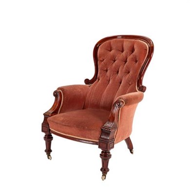 Lot 453 - A Victorian Mahogany Armchair, circa 1870, recovered in pink buttoned velvet, with moulded...
