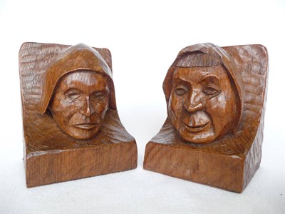 Lot 1848 - A Pair of Thomas "Gnomeman" Whittaker Oak Bookends, each carved with a monks head, one with...