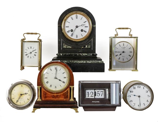 Lot 41 - A Victorian marble striking mantle clock, a Smith dash board timepiece, a brass carriage timepiece