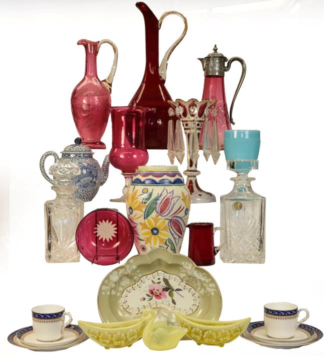 Lot 42 - A quantity of ruby glassware, vaseline pieces, a Poole vase, pair of candlesticks, etc (two...
