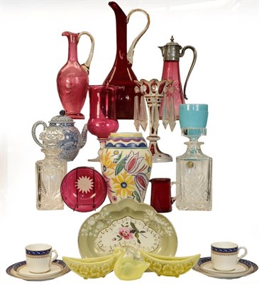 Lot 42 - A quantity of ruby glassware, vaseline pieces, a Poole vase, pair of candlesticks, etc (two...