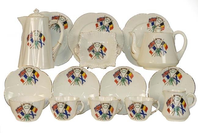 Lot 43 - A WWII era late Shelley Foley for Freedom part teaset, decorated with flags of Britain, France,...