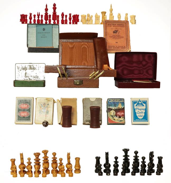 Lot 49 - Two trays of assorted games and cards, including a turned wooden chess set, and a 19th century...