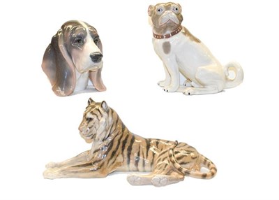 Lot 70 - Two trays of animal models, including: Royal Copenhagen Tiger, model number 714, Lladro dog...
