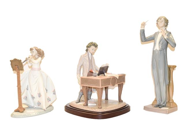 Lot 76 - Three Lladro figures, conductor, clarinetist, and Beethoven at the keyboard, signed (3)