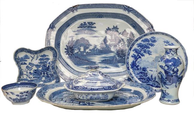 Lot 94 - A 19th century Wedgwood blue and white footed dish decorated with gentlemen fishing, two blue...