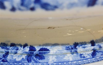 Lot 94 - A 19th century Wedgwood blue and white footed dish decorated with gentlemen fishing, two blue...
