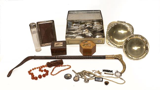 Lot 97 - A group of silver plated cutlery, dishes and costume jewellery; with a 9 carat gold mounted...