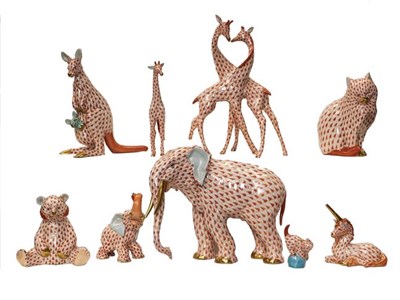 Lot 100 - A group of Herend porcelain animal models comprising, elephant, 15cm high, giraffes, 20cm high,...