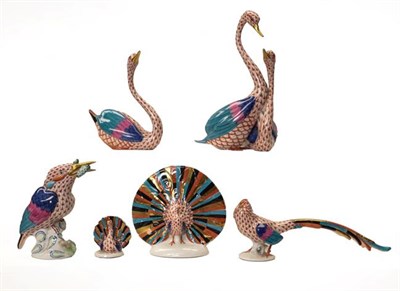 Lot 101 - A group of Herend porcelain animal models comprising: large peacock, 12cm, small peacock,...