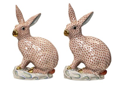 Lot 105 - A pair of large Herend porcelain models of hares, each 30cm high
