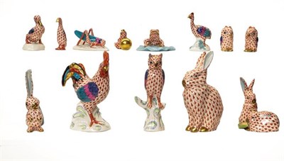 Lot 106 - A group of Herend porcelain animal models comprising cockerel, 14cm, cricket, two ducks, two frogs