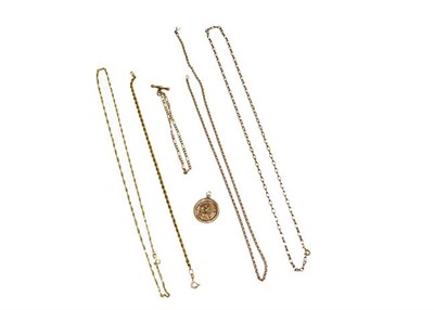 Lot 111 - Four 9 carat gold chains, of varying designs and lengths, a St Christopher pendant, and two further