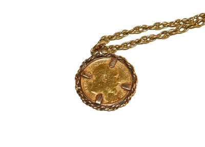 Lot 112 - A half sovereign dated 1910 mounted as a pendant on chain, pendant length 3cm, chain length 51cm