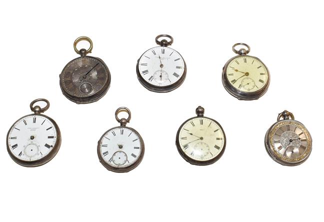 Lot 122 - Seven silver pocket watches, two cases stamped fine silver, the others with English hallmarks (7)