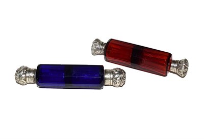 Lot 128 - A ruby glass double ended scent bottle, together with a blue glass example (2)