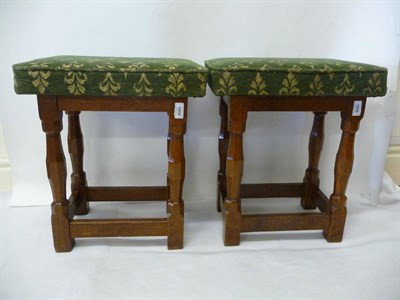 Lot 1858 - A Pair of Yorkshire School Oak Pub Stools, on four turned legs joined by a stretcher, each with...