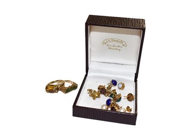 Lot 137 - Six pairs of earrings including lapis lazuli, opal, cultured pearl etc, and two 9 carat gold rings