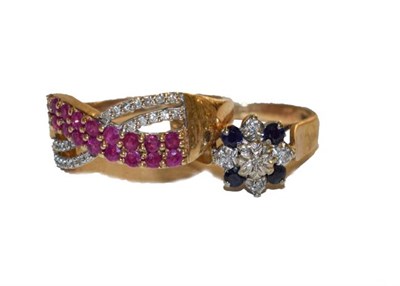 Lot 146 - A 9 carat gold sapphire and diamond cluster ring, finger size L, and a 9 carat gold synthetic...