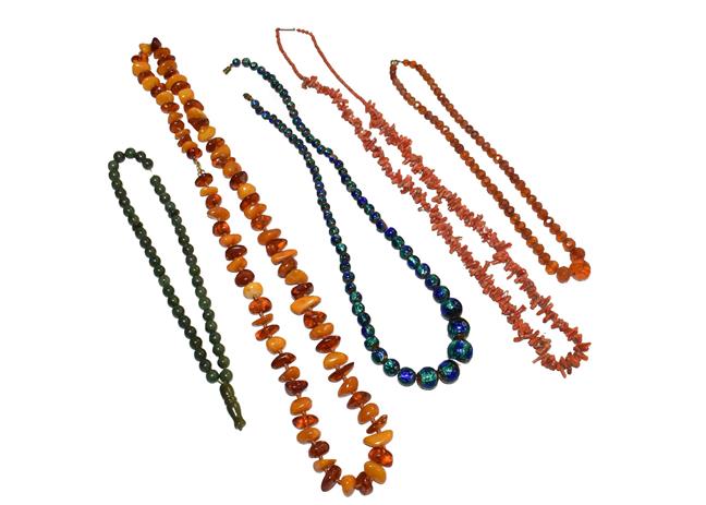 Lot 147 - A collection of jewellery including a coral branch necklace, length 72cm, an amber bead...