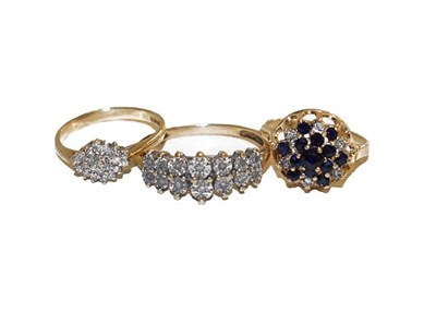 Lot 153 - A 9 carat gold diamond cluster ring, finger size L1/2, a 9 carat gold sapphire and diamond...