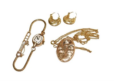 Lot 154 - A Tudor lady's wristwatch on a 9 carat gold bracelet, a 9 carat gold garnet and diamond ring,...