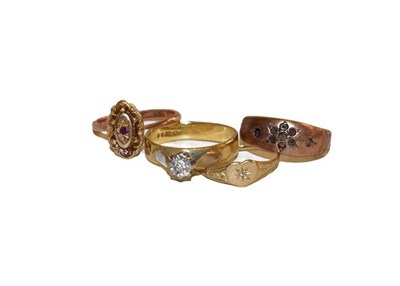 Lot 157 - An 18 carat gold diamond solitaire ring, out of shape, a signet ring, stamped '9K' (a.f.), a...