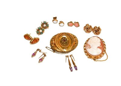 Lot 158 - A pair of 9 carat gold knot earrings, a cameo brooch in a 9 carat gold frame, seven further...