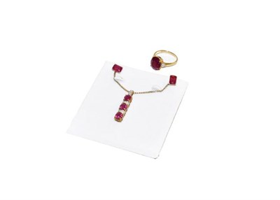 Lot 168 - A 9 carat gold synthetic ruby and diamond pendant on a 9 carat gold chain, an 18 carat gold...