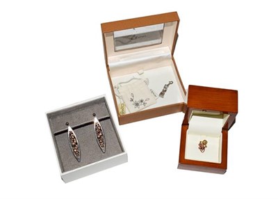 Lot 185 - A pair of Clogau drop earrings, length 5.2cm, a 9 carat gold mouse pendant/charm also stamped...