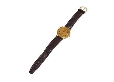 Lot 187 - A plated calendar centre seconds wristwatch, signed Longines, quartz movement, 33cm wide