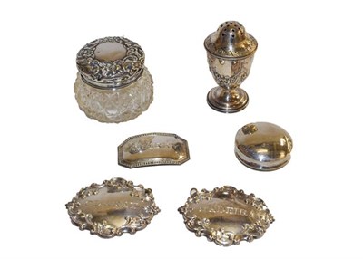 Lot 190 - A collection of silver and silver plate, the silver comprising: a silver pill-box, a silver-mounted