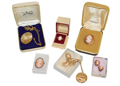 Lot 194 - A cameo ring, stamped '9CT', finger size L, a pair of cameo earrings, a cameo brooch, and a...