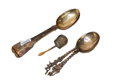 Lot 200 - Five various silver spoons, comprising: a George III silver caddy spoon, by Thropp & Taylor,...