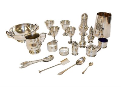 Lot 203 - A collection of silver and silver plate, the silver including: a George III silver pepperette,...