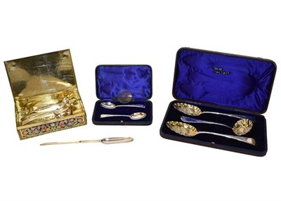 Lot 206 - A collection of silver flatware, including: a cased pair of Victorian berry spoons and a...