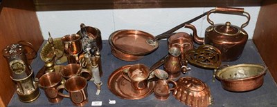 Lot 227 - A quantity of mainly 19th century copper and brass including tankards, trivet, kettle, jelly mould