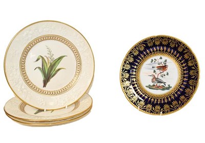 Lot 249 - Three 19th century English hand painted botanical plates, gold embellished, together with...