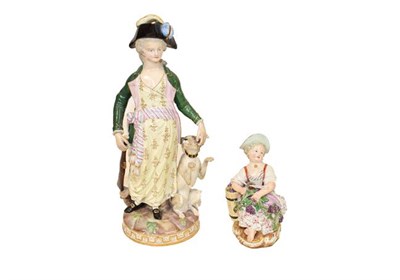 Lot 255 - Two 19th century Meissen figures, one formed as a wine maker, the seated girl clipping grapes...
