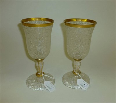 Lot 1 - A Pair of Crizzled Glass Goblets, perhaps Baccarat, circa 1850, the moulded bell shape bowls on...
