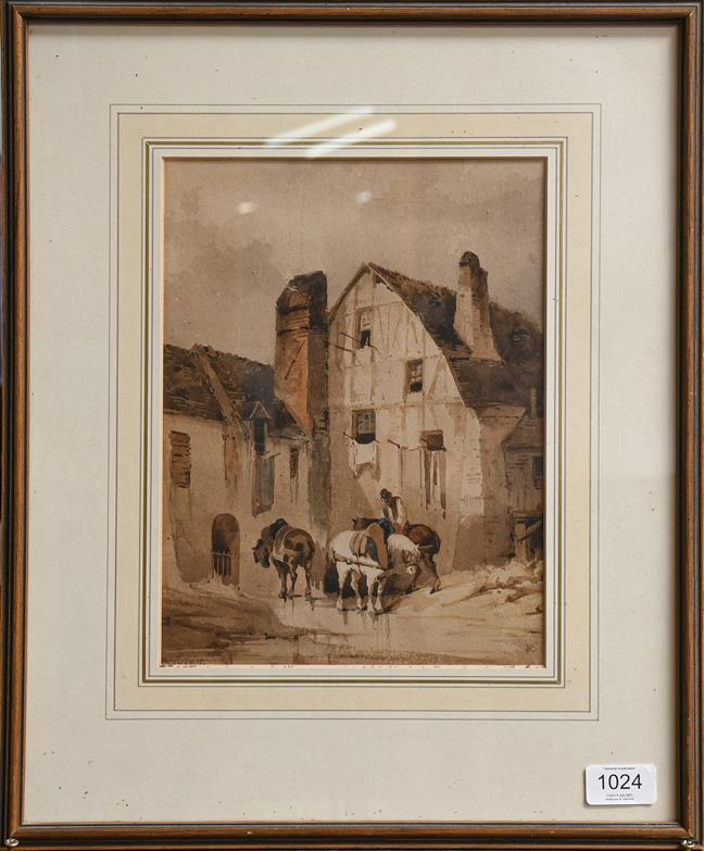 Lot 1024 - Follower of R.P Bonnington (19th century) Figures and horses outside a cottage, indistinctly...